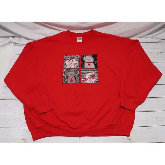 Cat Sweatshirt Women's XL Red LS Pop-over Crewneck Patchwork Crazy Cat Lady Cozy - Picture 7 of 12